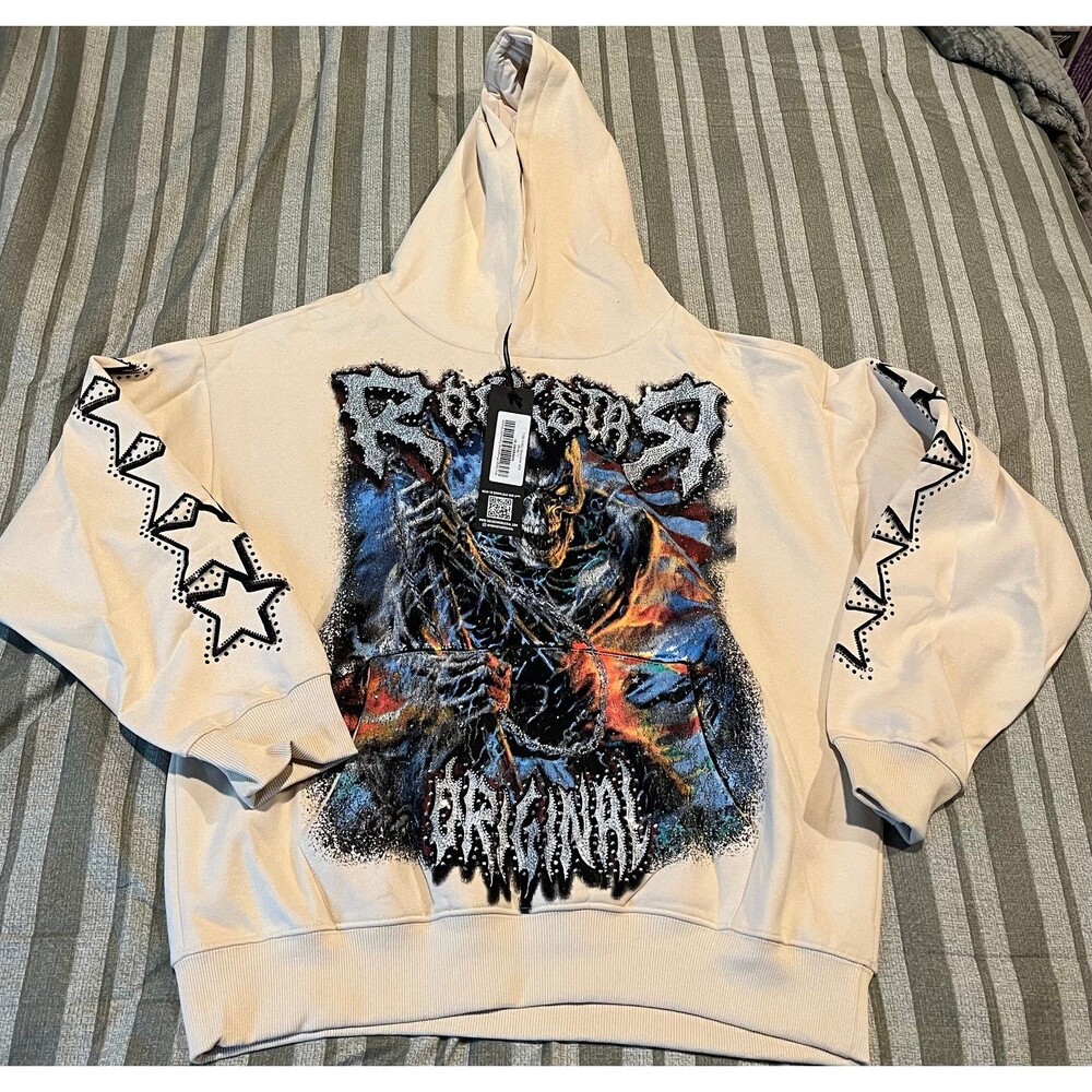 Rockstar Original Rhinestone Graphic Pullover Hoodie Cream Size Large NWT